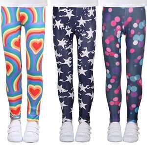 New Girl's Age 12-13 3 Pairs of Cute Printed Leggings Pants- Rainbow Sta…